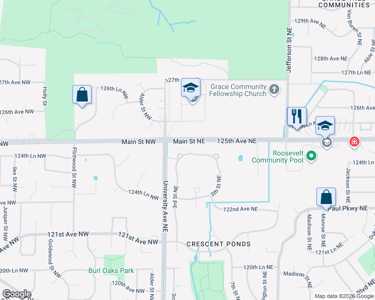 map of restaurants, bars, coffee shops, grocery stores, and more near 51 124th Avenue Northeast in Blaine