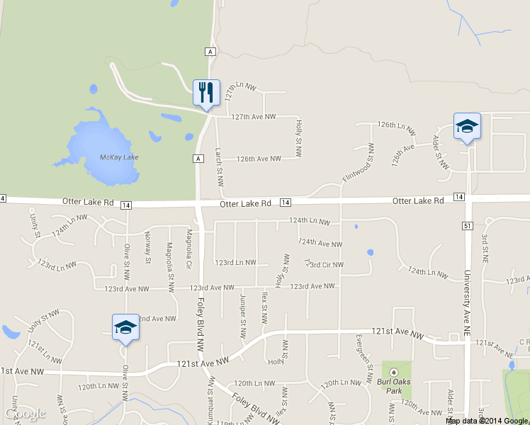 map of restaurants, bars, coffee shops, grocery stores, and more near 431 124th Lane Northwest in Minneapolis