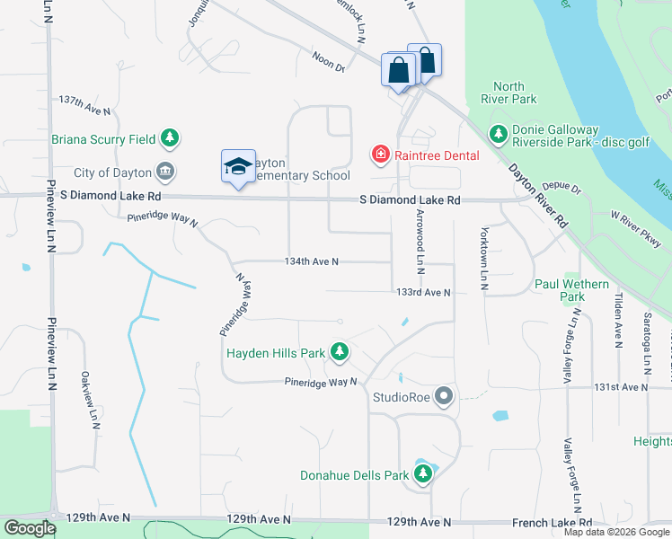 map of restaurants, bars, coffee shops, grocery stores, and more near 11511 134th Avenue North in Dayton