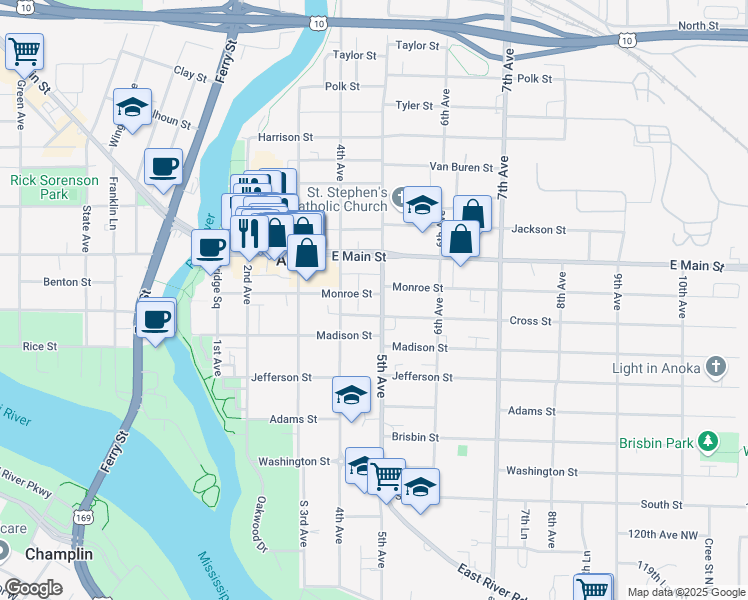 map of restaurants, bars, coffee shops, grocery stores, and more near 1835 5th Avenue in Anoka