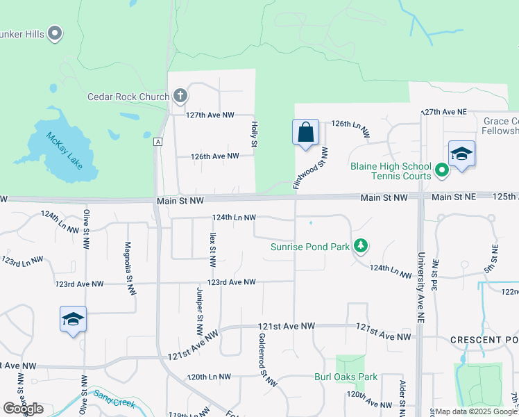 map of restaurants, bars, coffee shops, grocery stores, and more near 377 124th Lane Northwest in Minneapolis