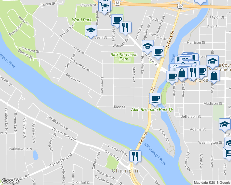 map of restaurants, bars, coffee shops, grocery stores, and more near 457 Benton Street in Anoka