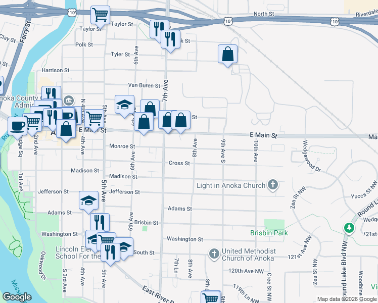 map of restaurants, bars, coffee shops, grocery stores, and more near 750 Monroe Street in Anoka