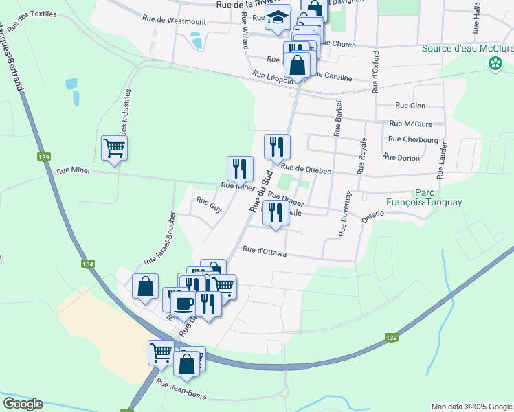 map of restaurants, bars, coffee shops, grocery stores, and more near 103 Rue Loiselle in Cowansville