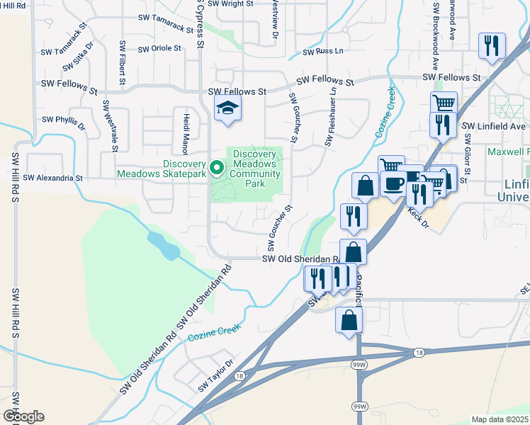 map of restaurants, bars, coffee shops, grocery stores, and more near 1525 Southwest Shirley Ann Drive in McMinnville