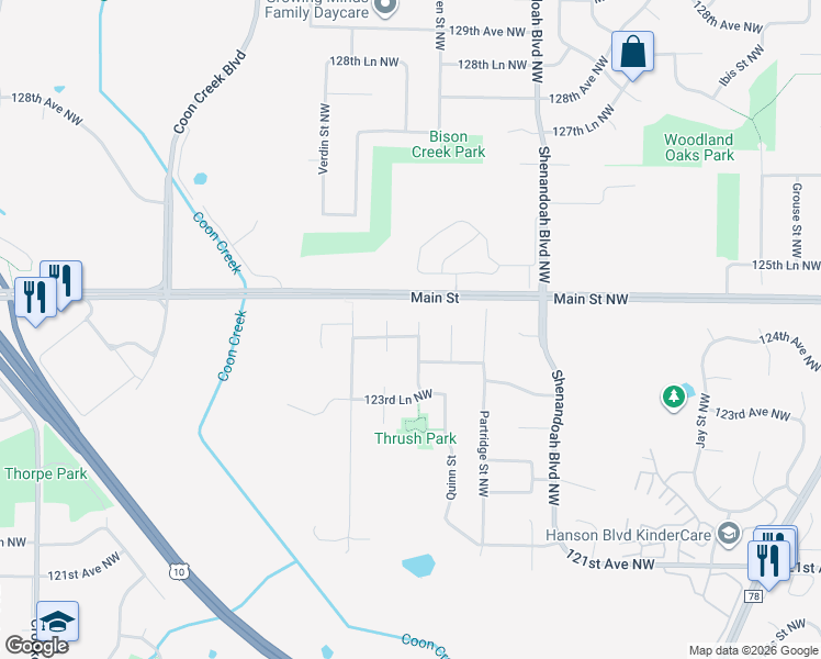 map of restaurants, bars, coffee shops, grocery stores, and more near 12455 Raven Street Northwest in Minneapolis
