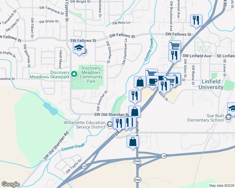 map of restaurants, bars, coffee shops, grocery stores, and more near 1632 Southwest Bonnie Jean Place in McMinnville