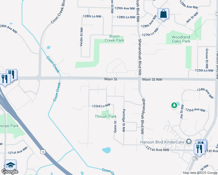 map of restaurants, bars, coffee shops, grocery stores, and more near 12455 Raven Street Northwest in Minneapolis