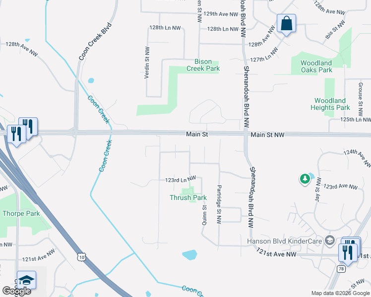 map of restaurants, bars, coffee shops, grocery stores, and more near 12455 Raven Street Northwest in Minneapolis