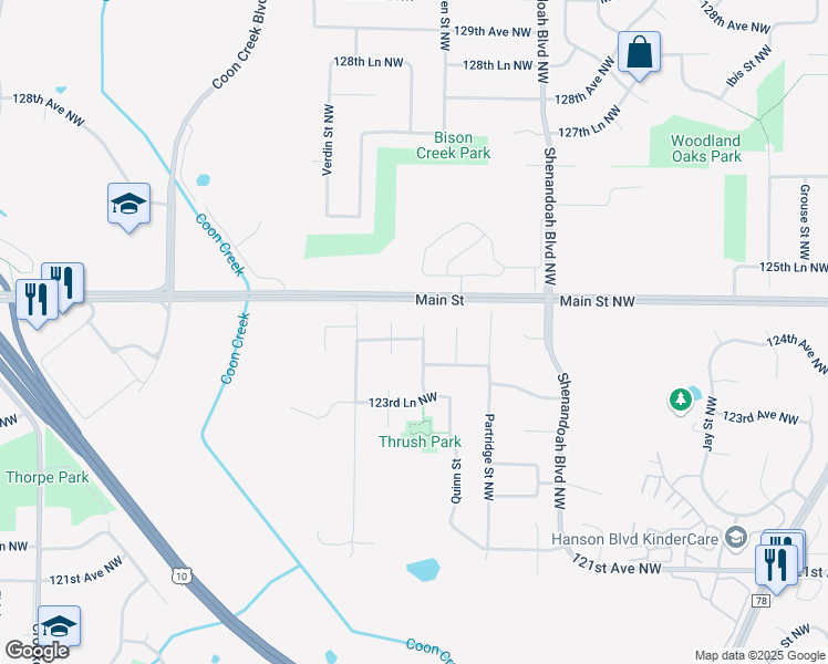 map of restaurants, bars, coffee shops, grocery stores, and more near 12455 Raven Street Northwest in Minneapolis