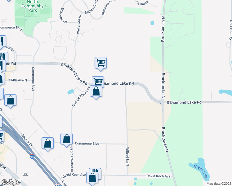 map of restaurants, bars, coffee shops, grocery stores, and more near 20015 South Diamond Lake Road in Rogers