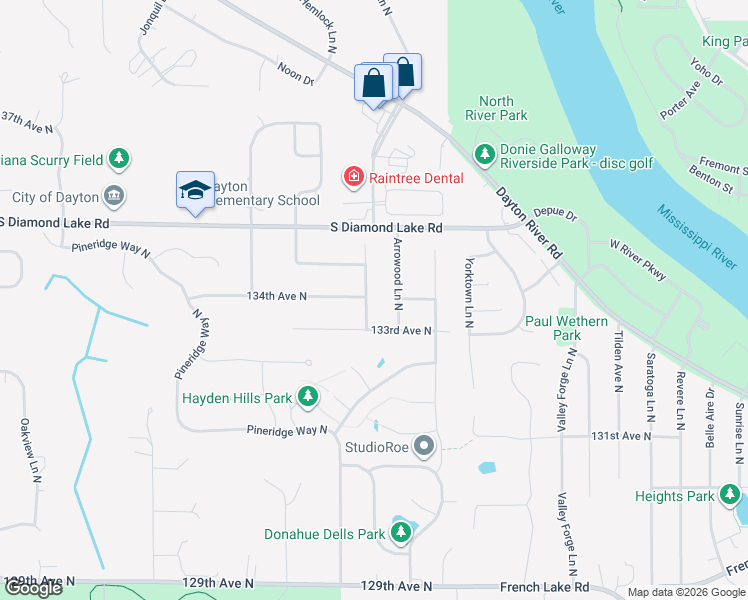 map of restaurants, bars, coffee shops, grocery stores, and more near 13320 Balsam Lane North in Dayton