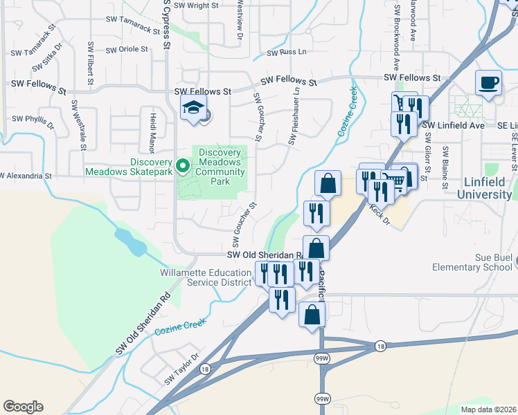 map of restaurants, bars, coffee shops, grocery stores, and more near 1640 Southwest Goucher Street in McMinnville