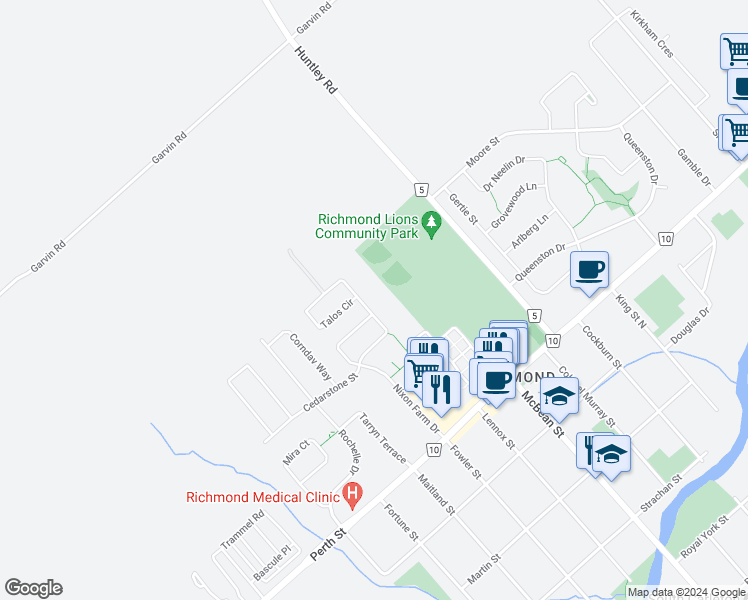 map of restaurants, bars, coffee shops, grocery stores, and more near 81 Nixon Farm Drive in Ottawa