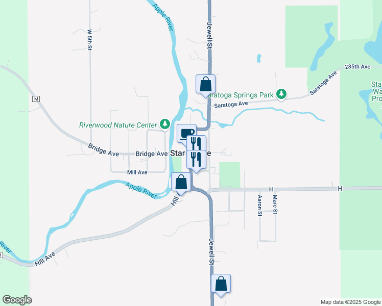 map of restaurants, bars, coffee shops, grocery stores, and more near in Star Prairie