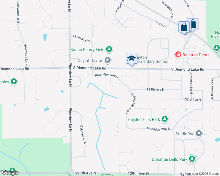map of restaurants, bars, coffee shops, grocery stores, and more near 13351 White Pine Court North in Dayton