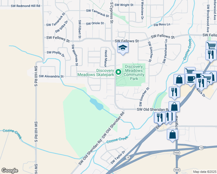 map of restaurants, bars, coffee shops, grocery stores, and more near 1456 Southwest Emily Drive in McMinnville