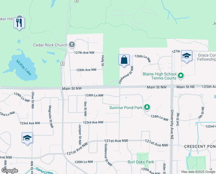 map of restaurants, bars, coffee shops, grocery stores, and more near 377 124th Lane Northwest in Minneapolis