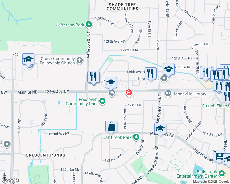 map of restaurants, bars, coffee shops, grocery stores, and more near 650 Main Street Northeast in Blaine