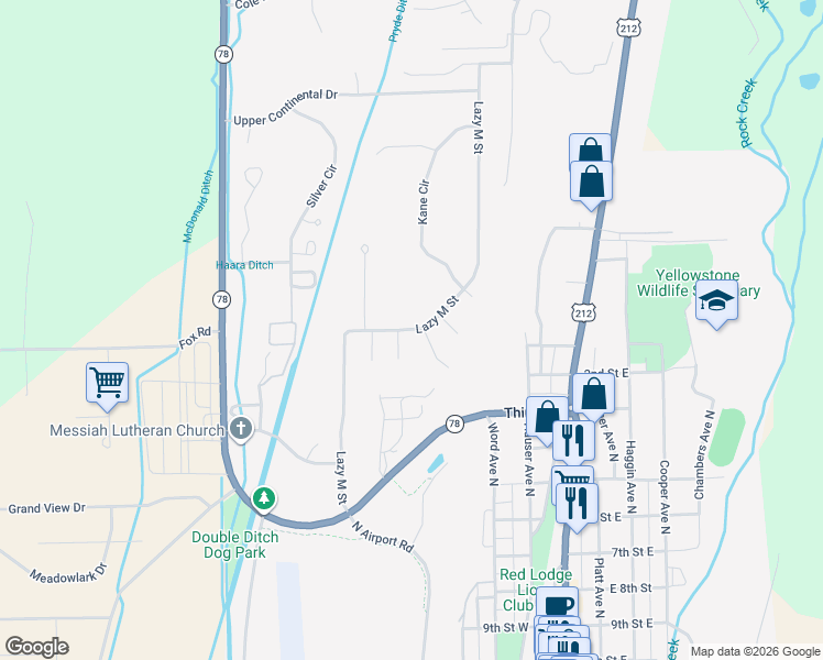 map of restaurants, bars, coffee shops, grocery stores, and more near Lazy M Street in Red Lodge