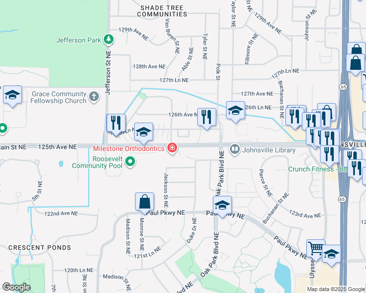 map of restaurants, bars, coffee shops, grocery stores, and more near 650 Main Street Northeast in Blaine