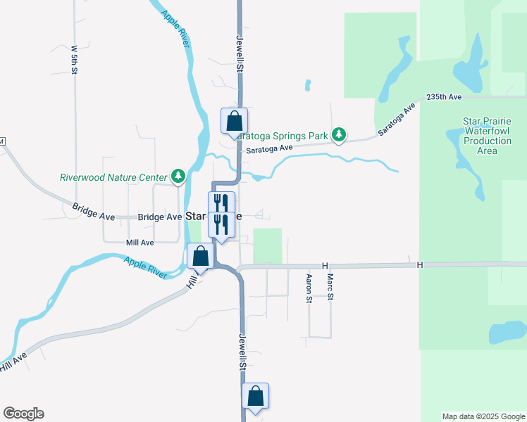 map of restaurants, bars, coffee shops, grocery stores, and more near 102 Bridge Avenue in Star Prairie