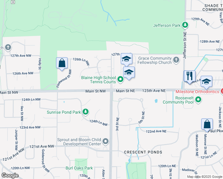 map of restaurants, bars, coffee shops, grocery stores, and more near 123 Main Street Northeast in Coon Rapids