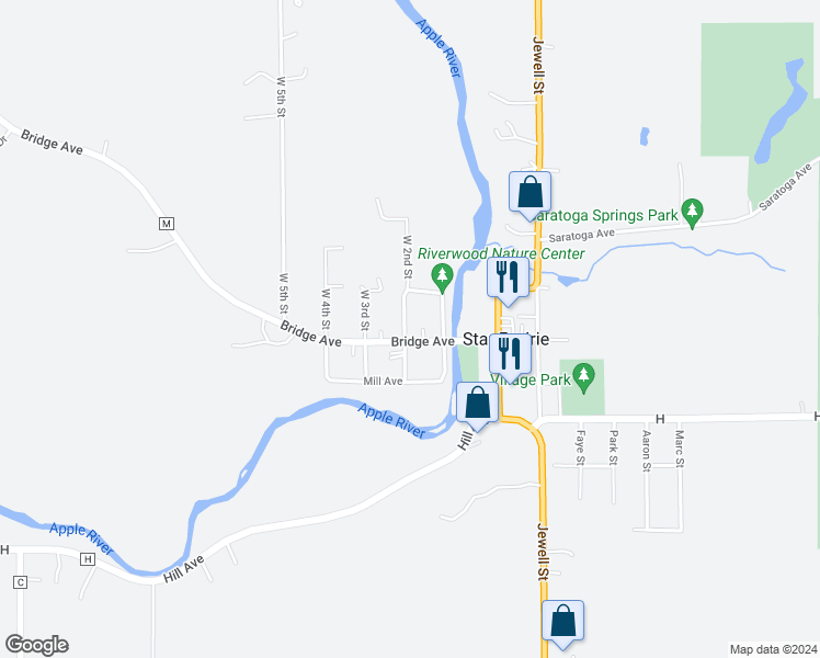 map of restaurants, bars, coffee shops, grocery stores, and more near 113 West 2nd Street in Star Prairie