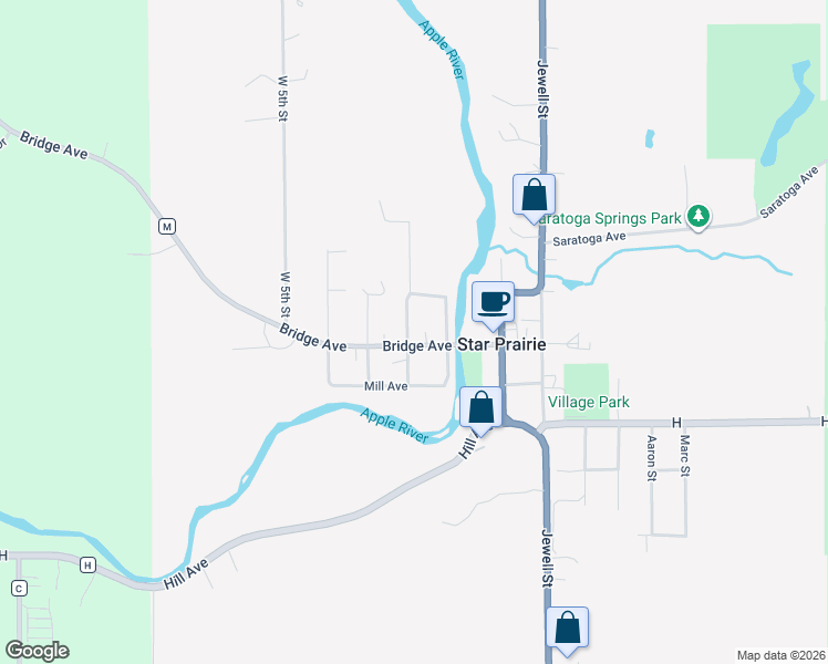 map of restaurants, bars, coffee shops, grocery stores, and more near 113 West 2nd Street in Star Prairie