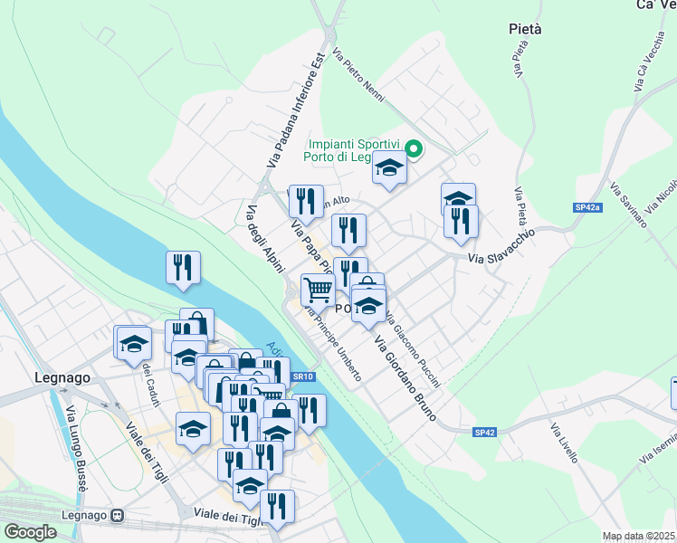 map of restaurants, bars, coffee shops, grocery stores, and more near 18 Via Nino Bixio in Legnago