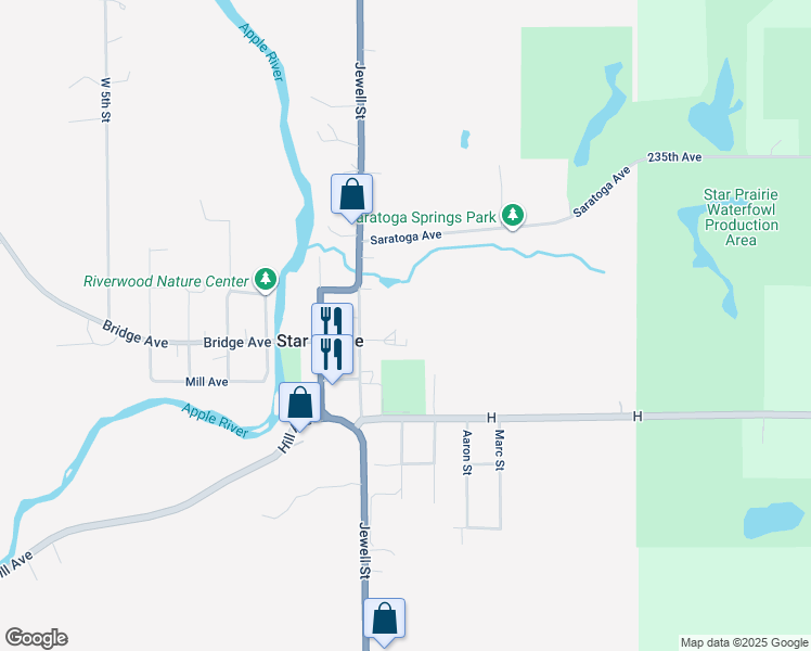 map of restaurants, bars, coffee shops, grocery stores, and more near 102 Bridge Avenue in Star Prairie
