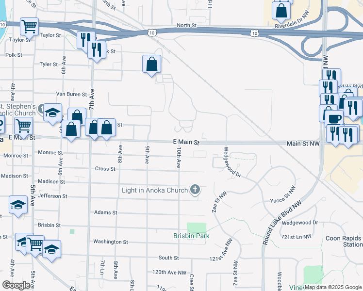 map of restaurants, bars, coffee shops, grocery stores, and more near 1000 East Main Street in Anoka