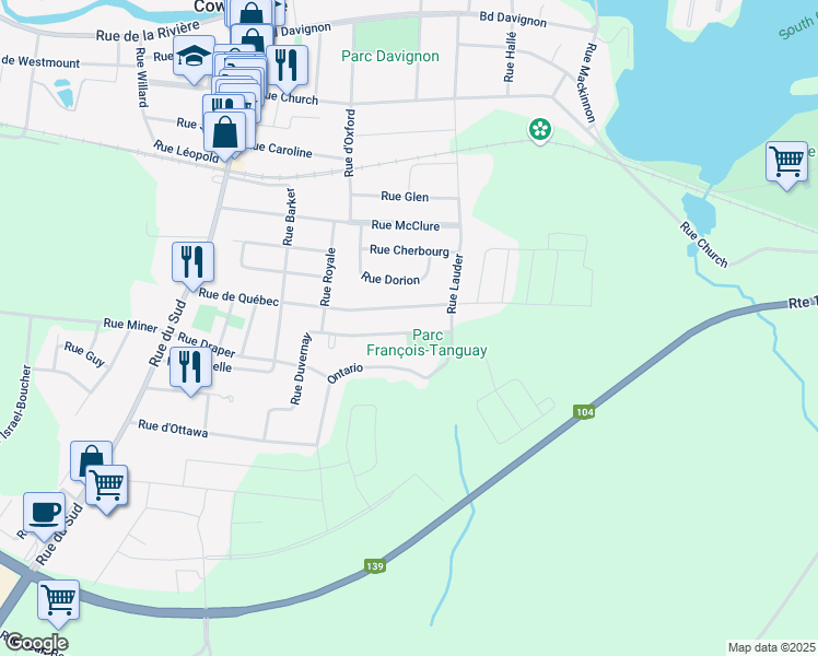 map of restaurants, bars, coffee shops, grocery stores, and more near 130 Rue Brown in Cowansville