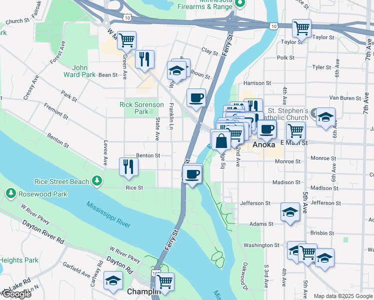 map of restaurants, bars, coffee shops, grocery stores, and more near 205 Fremont Street in Anoka
