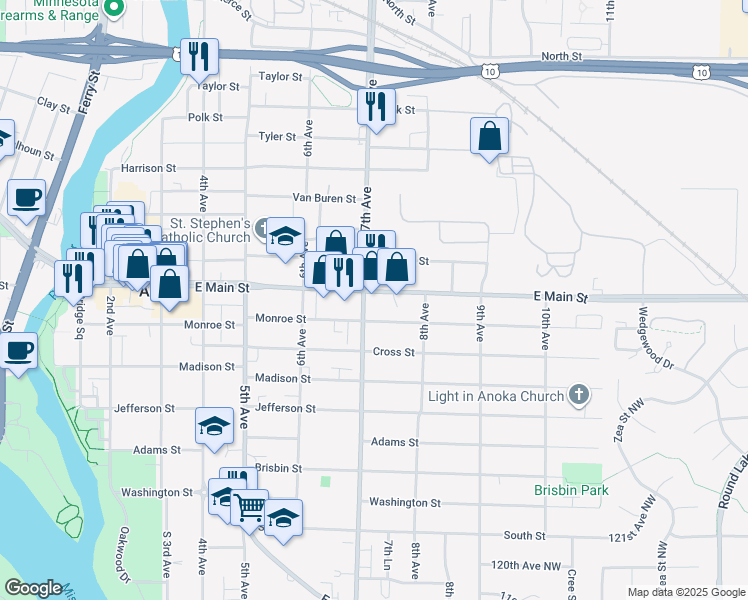 map of restaurants, bars, coffee shops, grocery stores, and more near 703 East Main Street in Anoka