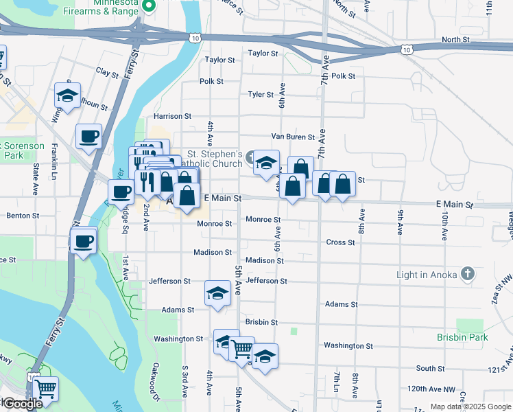 map of restaurants, bars, coffee shops, grocery stores, and more near 506 Jackson Street in Anoka