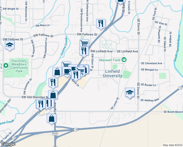 map of restaurants, bars, coffee shops, grocery stores, and more near 620 Southwest Taft Street in McMinnville