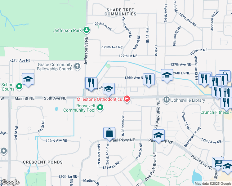 map of restaurants, bars, coffee shops, grocery stores, and more near 828 125th Lane Northeast in Blaine