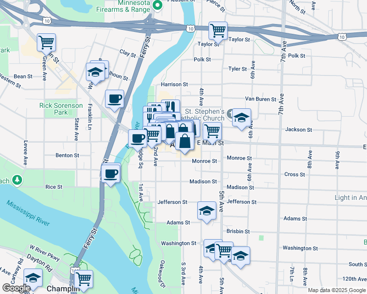 map of restaurants, bars, coffee shops, grocery stores, and more near 1916 3rd Avenue in Anoka