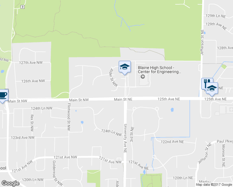 map of restaurants, bars, coffee shops, grocery stores, and more near 36 125th Lane Northwest in Coon Rapids
