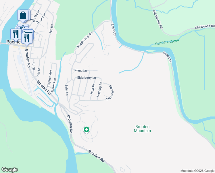 map of restaurants, bars, coffee shops, grocery stores, and more near 7705 Simmons Road in Pacific City