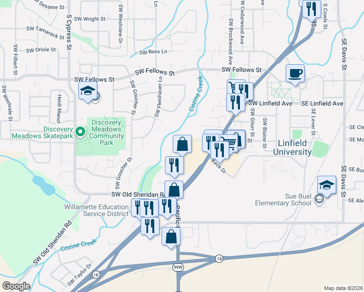 map of restaurants, bars, coffee shops, grocery stores, and more near 1501 Southwest Baker Street in McMinnville