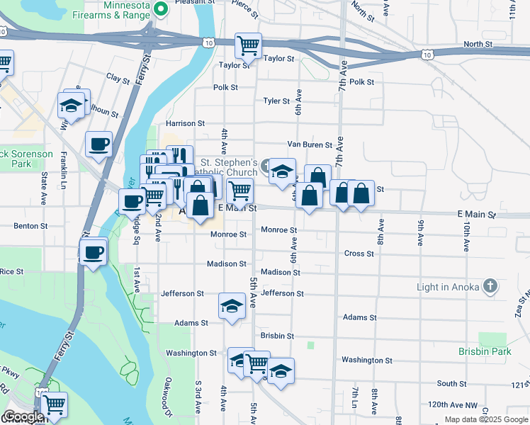 map of restaurants, bars, coffee shops, grocery stores, and more near 518 East Main Street in Anoka