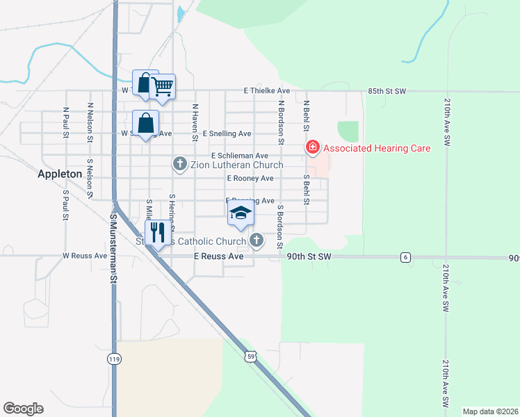 map of restaurants, bars, coffee shops, grocery stores, and more near 334 East Ronning Avenue in Appleton