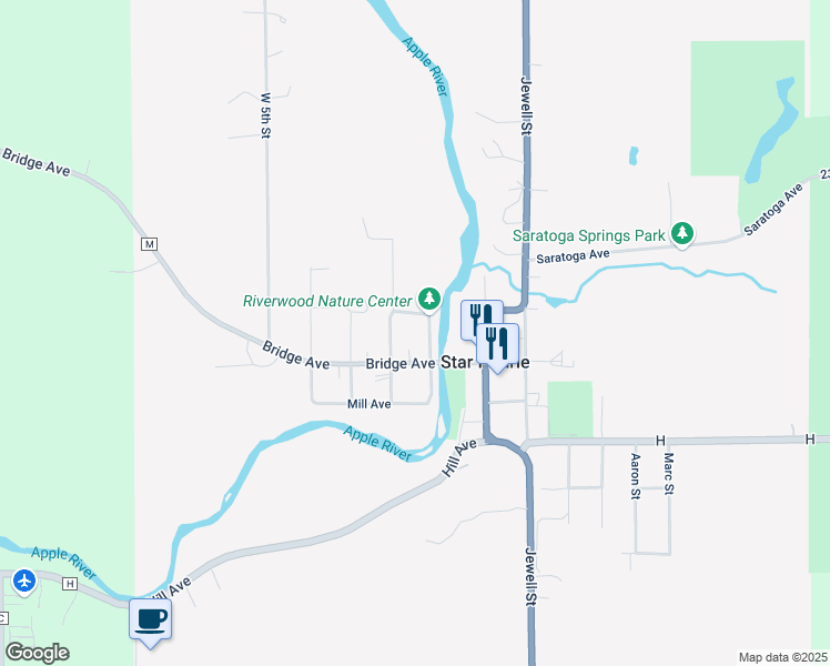 map of restaurants, bars, coffee shops, grocery stores, and more near 217 West 1st Street in Star Prairie