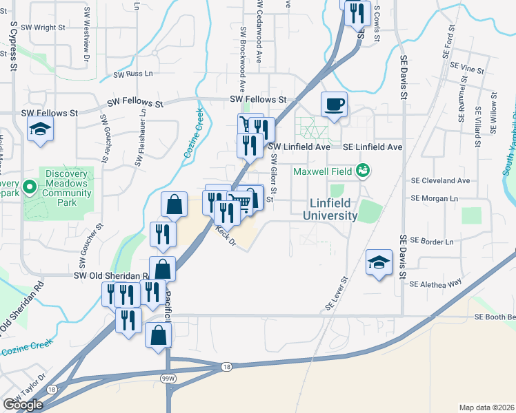 map of restaurants, bars, coffee shops, grocery stores, and more near 692 Southwest Taft Street in McMinnville