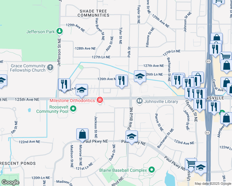 map of restaurants, bars, coffee shops, grocery stores, and more near 901 125th Avenue Northeast in Blaine