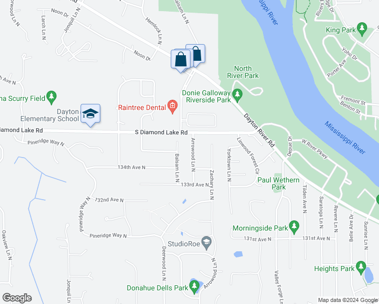 map of restaurants, bars, coffee shops, grocery stores, and more near 13431 Arrowood Lane North in Dayton