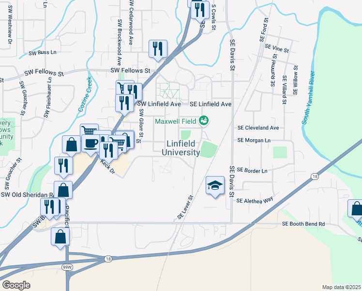 map of restaurants, bars, coffee shops, grocery stores, and more near 900 Southeast Baker Street in McMinnville