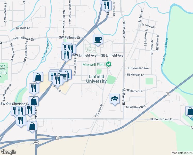 map of restaurants, bars, coffee shops, grocery stores, and more near 47 Brumback Street in McMinnville